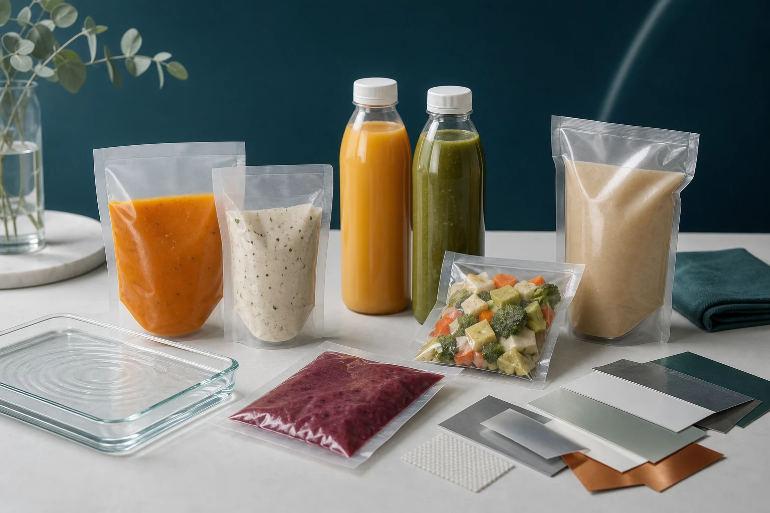 密封食品包裝與水波壓力概念的原創示意圖